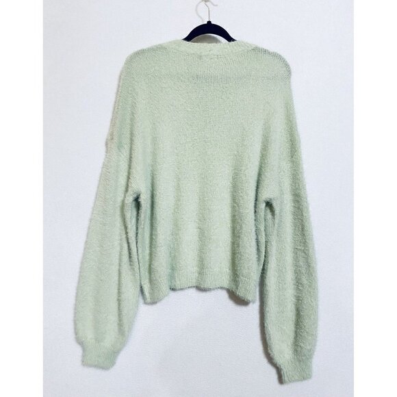 Nasty Gal Sweater Womens Large Puff Sleeve Fuzzy Crew Neck Pullover Boho Green - Picture 4 of 8